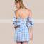 Cute frill puff sleeve off the shoulder blue gingham mini dress