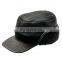 Winter Leather Cap with Earflap Military Cadet Army Flat Top Hat