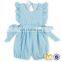 Stylish Infant Toddler Girl blue Stripe Seersucker Smocked Baby Bubble rompers