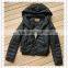 Women black short fashion motorcycle PU leather jacket with hoody