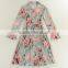Ladies Full Printing Bouffant Lotus Long Sleeve Temperament Dress With Belt