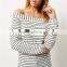 Sexy women off shoulder bardot design cream stripe long sleeves ladies knitted top for wholesale