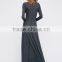 Women Gray Color Long Sleeve Scoop Neck Button Front Maxi Shirt Dress