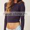 fashion stylish amazing designer round neck long sleeves ribbed trim slim fitted crop tops ,women tops custom made