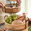 Hot Product Woven Rattan storage basket With Wooden Plate Serving Tray With Leather Handle for Table Wholesale
