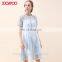 Women Elegant Short Sleeve Flower Lace Embroidered Crochet Dress in Blue