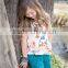 Fashion Design kids Clothing Girl's Soft Cotton Suits White Printed Shirt, Blue Ruffle Shorts