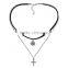 Velvet Suede Double Layer Halloween Choker Necklace Tone & Antique Silver Black Cobweb Cross 33.5cm Long