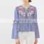 New design Blue Striped shirt fashion sexy lace-up Tops women Bell Sleeve embroidered blouse