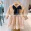 Girls' winter new middle-aged children's lace bow and velvet long-sleeved dress