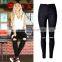 2016 Summer Fashion Women Knee Holes Shredded Denim Pants Ladies Black Pencil Fit Narrow Bottom High Waisted Jeans Pent