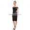 black slim off shoulder women summer dress with leather fabric
