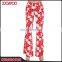 Spring Summer Design Coral Red Floral Print Lady Pants Relax Wide Leg Casual Pants For Women