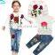 Fall Winter Girls Clothes Suit 3pc Floral  Flower Outfits set Long Sleeve Jacket Cardigan &Rose T shirt & sequin demin jean pant