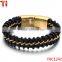 Mens Black Braided Leather Bracelet Interwoven with Gold Curb Chain in Stainless Steel