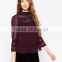 2016 Guangzhou Shandao OEM/ODM New Fashion Design Women Summer Casual 3/4 Sleeve Wine Red Lace Blouse Neck Designs Pictures