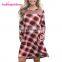 Women Autumn Winter Soft Midi Plaid T-Shirt Long Sleeve Dress