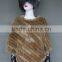 Ladies Custom Natural Brown Cape Knitted Genuine Rabbit Fur Poncho