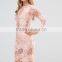 European Vintage Long Sleeve Pink Lace Hollow Out Floral Appliqued Dress for Lady