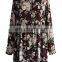 women Retro Flowers Tunic in Burgundy Chiffon long blouse