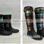sexy ladies shiny black buckle rubber rain boots with fabric covered