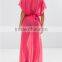 Summer New Style Pink Plain Split Front Deep V Neck Chiffon Maxi Beach Kaftan with Self Belt