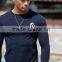 Navy Blue 95% Cotton 5% Elastane Mens Longline Long Sleeve Curved Hem T Shirt Musle Fit Gym T Shirt Wholesale Streetwear