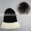Women raccoon fur poms hat with large poms wholesale china knitting fur poms hat