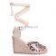 Ladies handmade wholesale snake print design tie up ankle strap closed toe wedge heel sandals shoes
