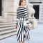 Woman new fashion autumn long sleeve white and black stripped elegant high waist elegant midi dress