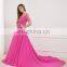 C5001 Hot Rose Red Chiffon v Neck Evening Dress | Beading Lace and Cap Sleeve Bridal Dress