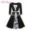 High Quality black and white printed 1950s vintage autumn woman long sleeve dress