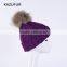 High fashion wool knitting hat with fur ponpon ball on top purple color KZ160075