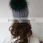 Gorgeous Design Grass Green Raccoon Fur Ball With Knitted Acrylic Hat Large Fur Pompom Knit Rib Beanie Cap