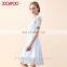Women Elegant Short Sleeve Flower Lace Embroidered Crochet Dress in Blue