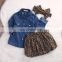 Denim style  top matching leopard pattern dress and headband 3pcs girls suit wholesale price
