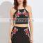 Two piece set women dress 2017 black embroidered rose applique suede halter top with skirt
