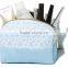 big capacity cosmetic bag printed white flowers in blue with gold zipper makeup bag