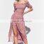Lady's smocked dress with slit off the shoulder floral long maxi dresses