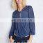 Lace trimed long sleeve woman surplice woven top