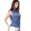 Denim Leather Stitching Button Front Sleeveless Shirt Top Blouse