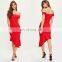 High Fashion Asymmetric Frill Hem Midi Dress in Red Color