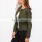 Women olive green collarless zip up drawstring jacket