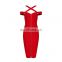 Fashion Women Red Off Shoulder Neck Cross Zip Front Bodycon Bandage Dress