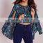 2016 latest fashion design lady printed cape sleeve tie front blouse