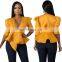 Women Elegant Office Tunic Shirt Sexy Deep V-Neck Belted Fashion Ruffles Tops Blouses
