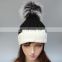 Latest design bi color big fur pom pom winter crochet hats with real fur ball