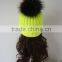 New Arrival Multicolor Raccoon Fur Ball Kniited Wool Cap Colorful Fur Pompom Knit Rib Acrylic Hat