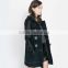 Women plaid Wool leather stitching long sleeve horn button zipper placket hooded long coat