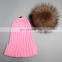 Factory price popular striped style raccoon fur ball knitted beanies